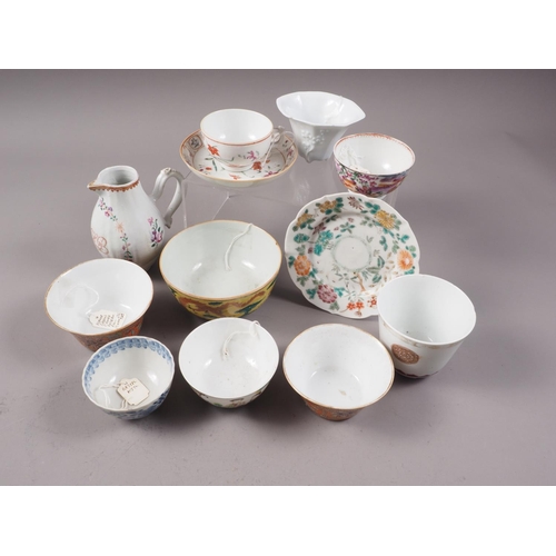 120 - A selection of Chinese export tea bowls, two similar saucers, a sparrow beak jug and a blanc de chin... 