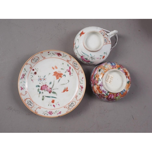 120 - A selection of Chinese export tea bowls, two similar saucers, a sparrow beak jug and a blanc de chin... 