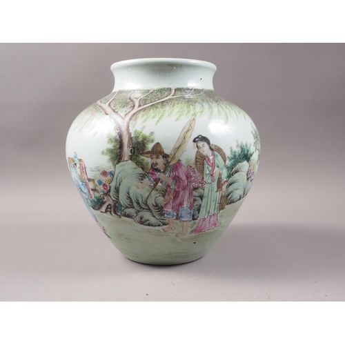 145 - A Chinese Republic bulbous vase, decorated figures in a landscape and verse, seal mark to base, 8 3/... 