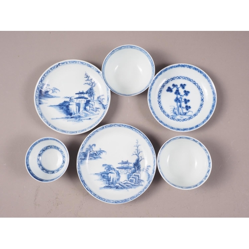 149 - Three Nanking cargo tea bowls and saucers with blue and white landscape decoration, and 