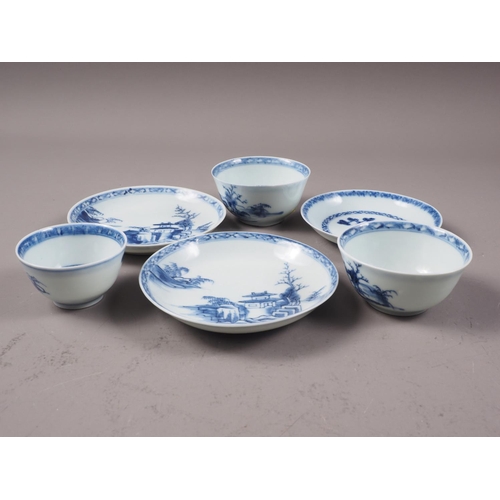 149 - Three Nanking cargo tea bowls and saucers with blue and white landscape decoration, and 