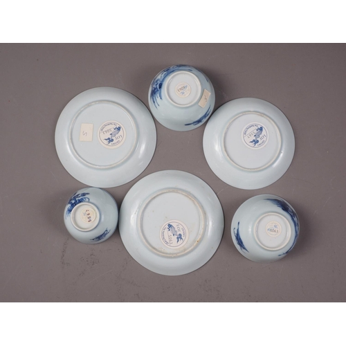 149 - Three Nanking cargo tea bowls and saucers with blue and white landscape decoration, and 