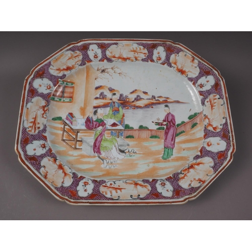 153 - A Chinese export famille rose decorated octagonal meat plate, 17 1/2