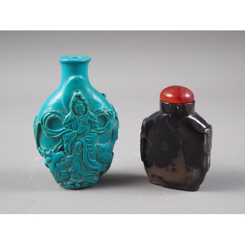 167 - A turquoise composition snuff bottle with deity decoration (lacking top), a hardstone snuff bottle (... 