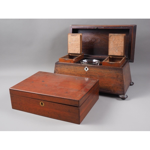 222 - A rosewood sarcophagus two-division tea caddy and a mahogany rectangular box