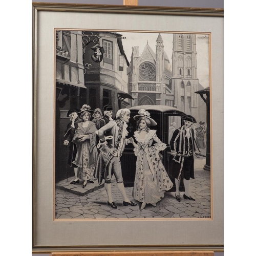 265 - A Perez: a silk Jacquard  picture, street scene with sedan chair, two others, and a framed print of ... 