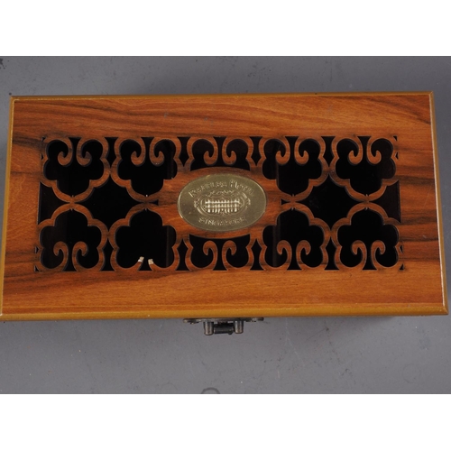 271 - A dalbergia Raffles Hotel tea box with pierced decoration, 7 3/4