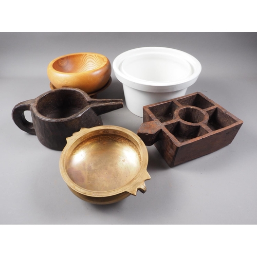 279 - A bronze two-handled bowl, a carved wood jug, a carved wood spice container, a ceramic commode liner... 