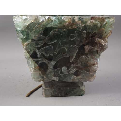 326 - A Chinese carved fluorite two-handled vase with phoenix cover, 20