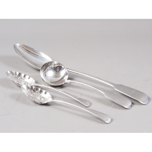 368 - A silver basting spoon, a silver sauce ladle and a pair of silver berry spoons, 7.5oz troy approx