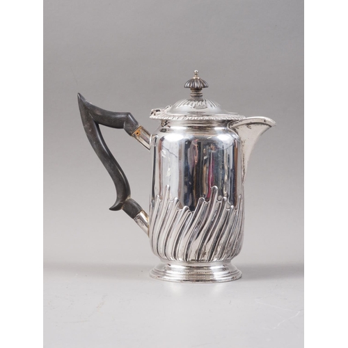 372 - A silver hot water jug with half spiral fluted decoration and ebonised handle, 14.4oz troy approx