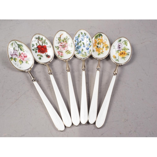 378 - A set of six silver and floral enamelled demitasse coffee spoons, 2.3oz troy approx