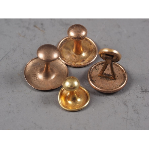 399 - Three 9ct gold collar studs, 3.2g gross, and an 18ct gold collar stud, 0.8g