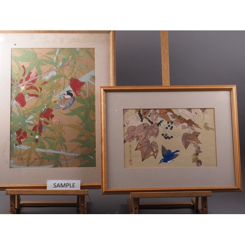 457 - A pair of Japanese woodblock prints, birds and plants, in hardwood frames, and a pair of larger simi... 