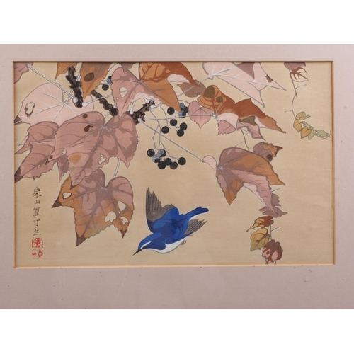 457 - A pair of Japanese woodblock prints, birds and plants, in hardwood frames, and a pair of larger simi... 