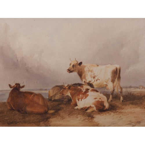 472 - A 19th century watercolour sketch of three cattle on a hilltop, 18