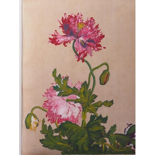 473 - An Oriental watercolour on silk, poppies, 13