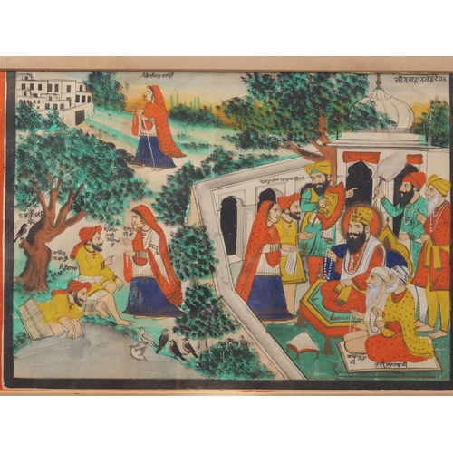 474 - An Indian painting of a Sikh Guru with audience, annotations in black script, 8