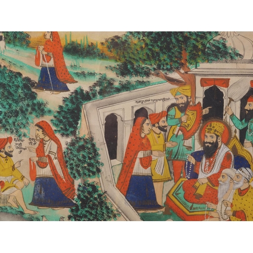 474 - An Indian painting of a Sikh Guru with audience, annotations in black script, 8