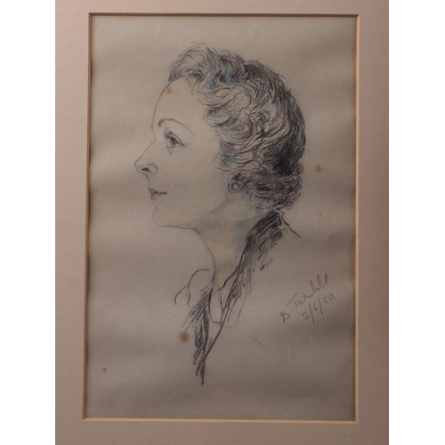 476 - D Turnbull, 25 1950: a pencil and watercolour sketch portrait of an unknown woman, 10 1/2