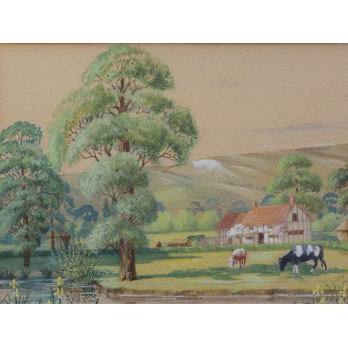 492 - R A Stone: bodycolours, rural scene with cattle, 6 1/4