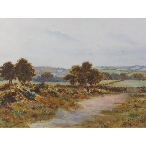 495 - George Oyston, 1929: watercolours, rural landscape with stone walls and figures, 10 3/4