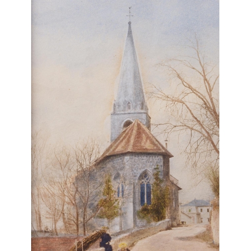 504 - A late 19th century watercolour village scene with church and figures, 7 3/4