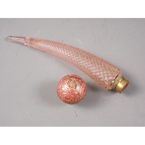 53 - A late 19th century Austrian pink cut glass scent bottle with gilt metal and enamelled stopper, 8 1/... 