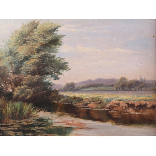 530 - English early 20th century school: oil on board, river landscape, 9 1/4