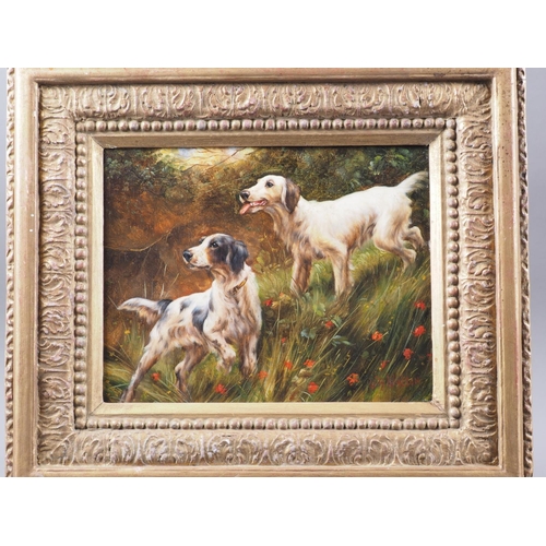 541 - W H Walton: oil on board, two dogs in a landscape, 7 1/4