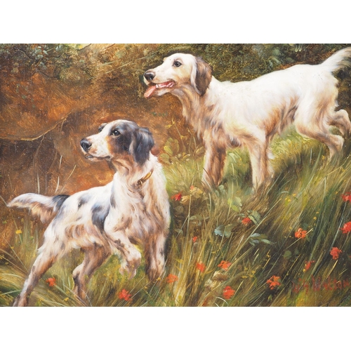 541 - W H Walton: oil on board, two dogs in a landscape, 7 1/4