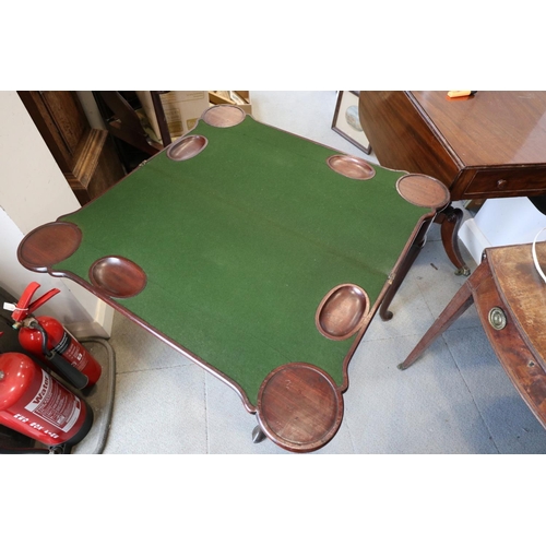 546 - An early George III mahogany fold-over top card table with counter wells and single gate, on shaped ... 