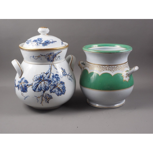 96 - A late 19th century vine and gilt decorated two-handled slops pail and cover, and a similar green an... 