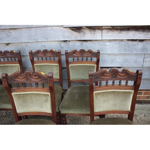 582 - A set of six late 19th century carved walnut frame standard dining chairs with padded seats and back... 