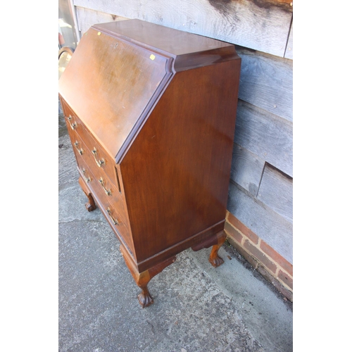 693 - A mahogany fall front bureau with fitted interior over three drawers, on cabriole claw and ball supp... 