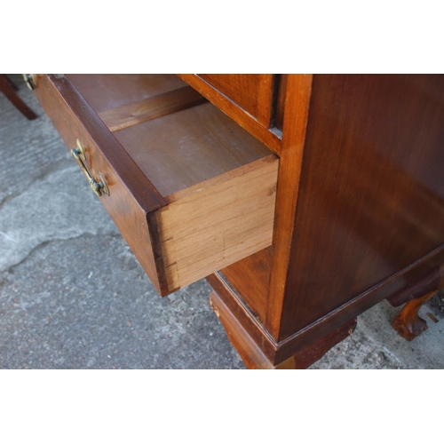 693 - A mahogany fall front bureau with fitted interior over three drawers, on cabriole claw and ball supp... 