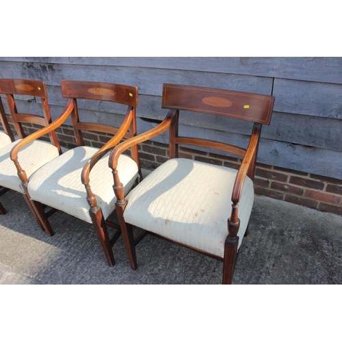 592 - A set of five early 19th century mahogany and satinwood oval lozenge inlaid bar back dining chairs w... 