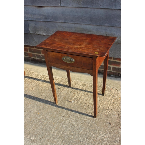 594 - A 19th century mahogany side table, fitted one drawer with brass oval handle plate, on square suppor... 