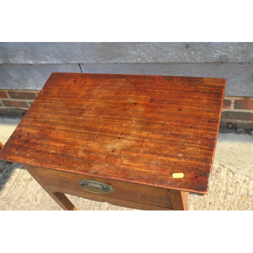 594 - A 19th century mahogany side table, fitted one drawer with brass oval handle plate, on square suppor... 