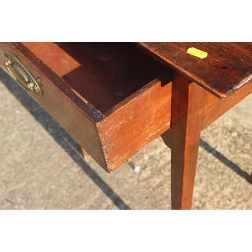 594 - A 19th century mahogany side table, fitted one drawer with brass oval handle plate, on square suppor... 