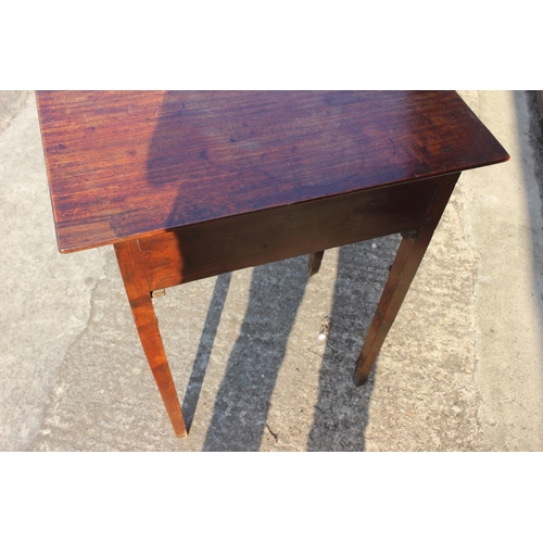 594 - A 19th century mahogany side table, fitted one drawer with brass oval handle plate, on square suppor... 