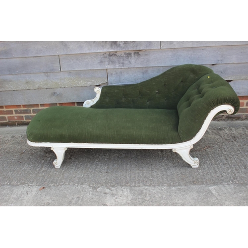 614 - A late 19th century painted frame chaise longue with scroll arm, upholstered in a green Draylon, on ... 