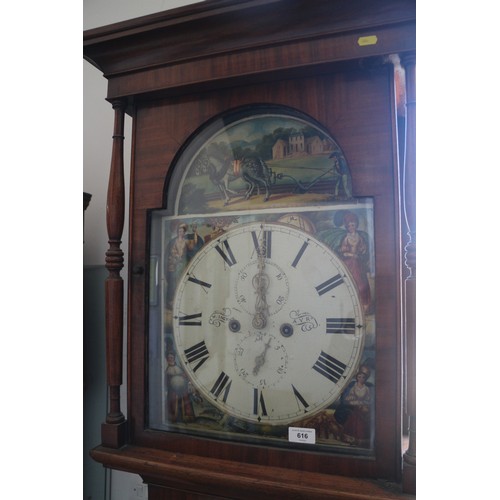 616 - An early 19th century mahogany long case clock with eight-day striking movement and painted dial by ... 