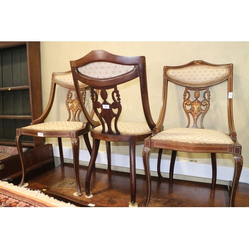 681 - An Edwardian walnut and line inlaid salon suite, comprising two-seat settee with pierced splat back,... 