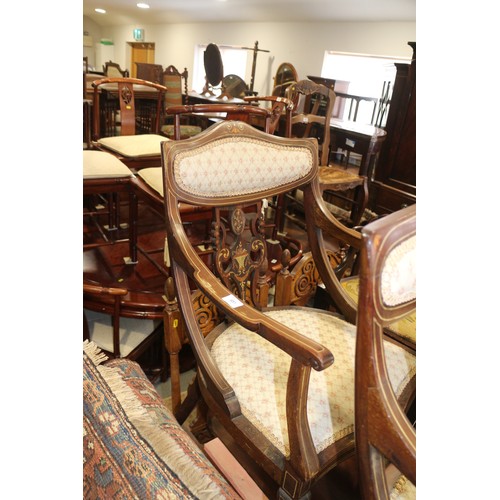 681 - An Edwardian walnut and line inlaid salon suite, comprising two-seat settee with pierced splat back,... 