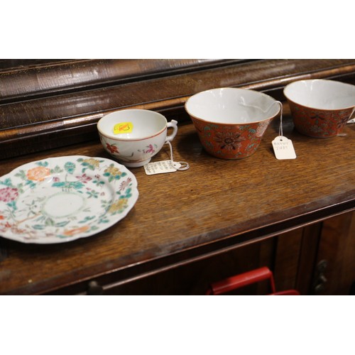 120 - A selection of Chinese export tea bowls, two similar saucers, a sparrow beak jug and a blanc de chin... 