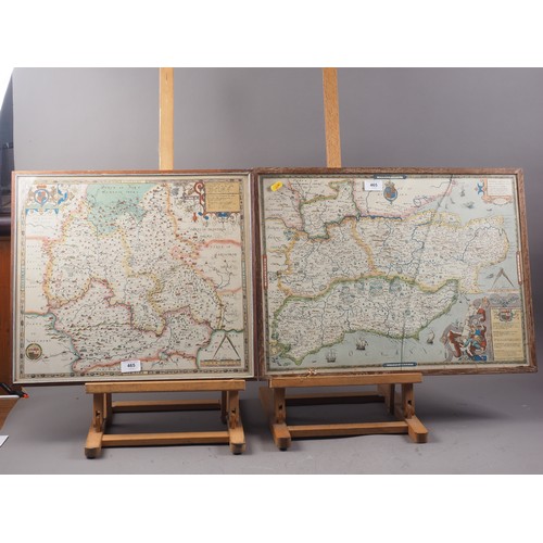 410 - After Saxton: a colour print map of Kent, Sussex, Surrey and Middlesex, in wooden strip frame (glass... 