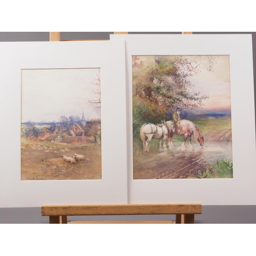 443 - J Thwaite Irving: two watercolour studies, working horses watering at dusk, 9 3/4