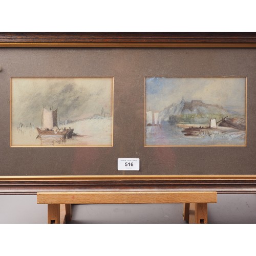 450 - Two Continental watercolour and bodycolour waterway scenes with boats, figures and buildings, 4 3/4