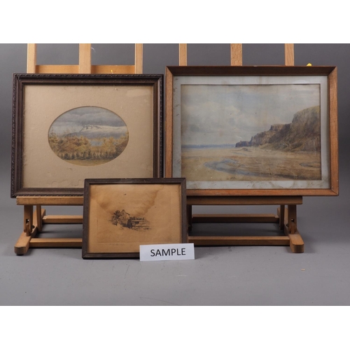 451 - English late 19th century school: three watercolour studies, landscapes, in oak strip frames, a simi... 